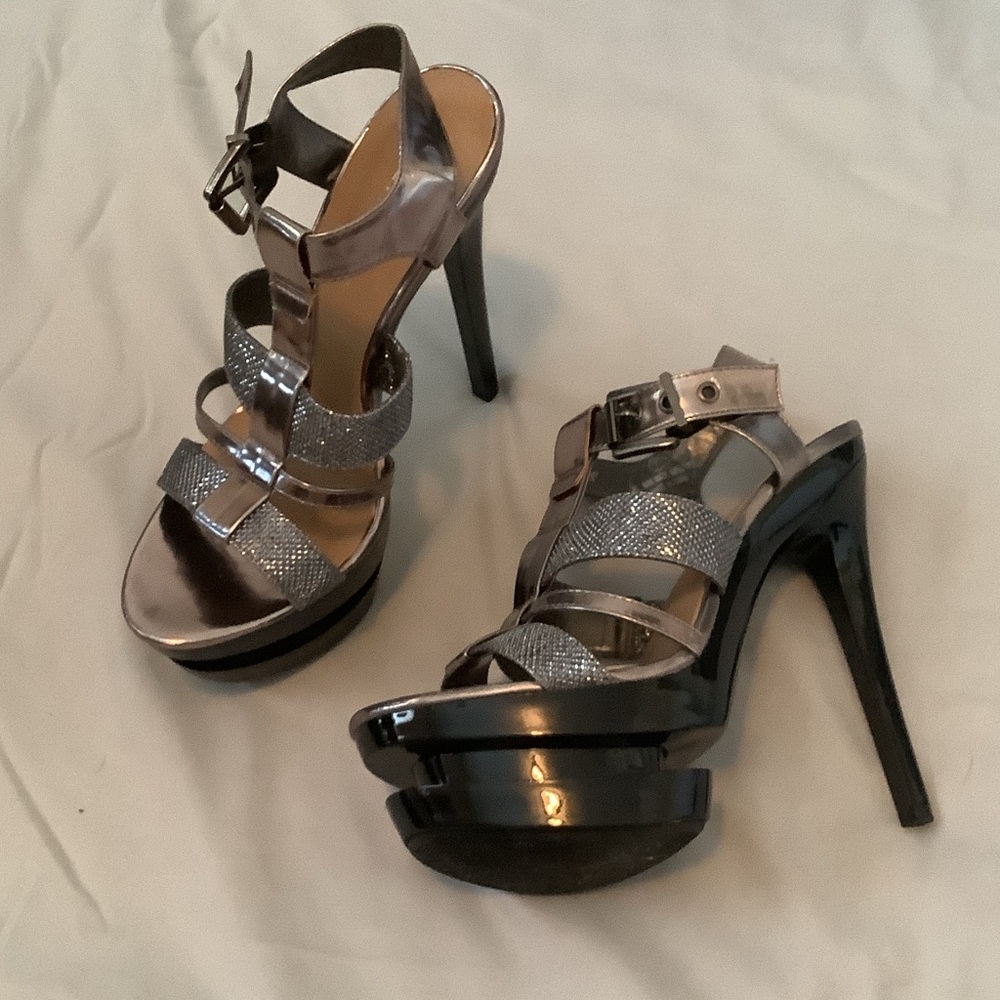 Liliana Silver Metallic Strappy Platform Stilettos